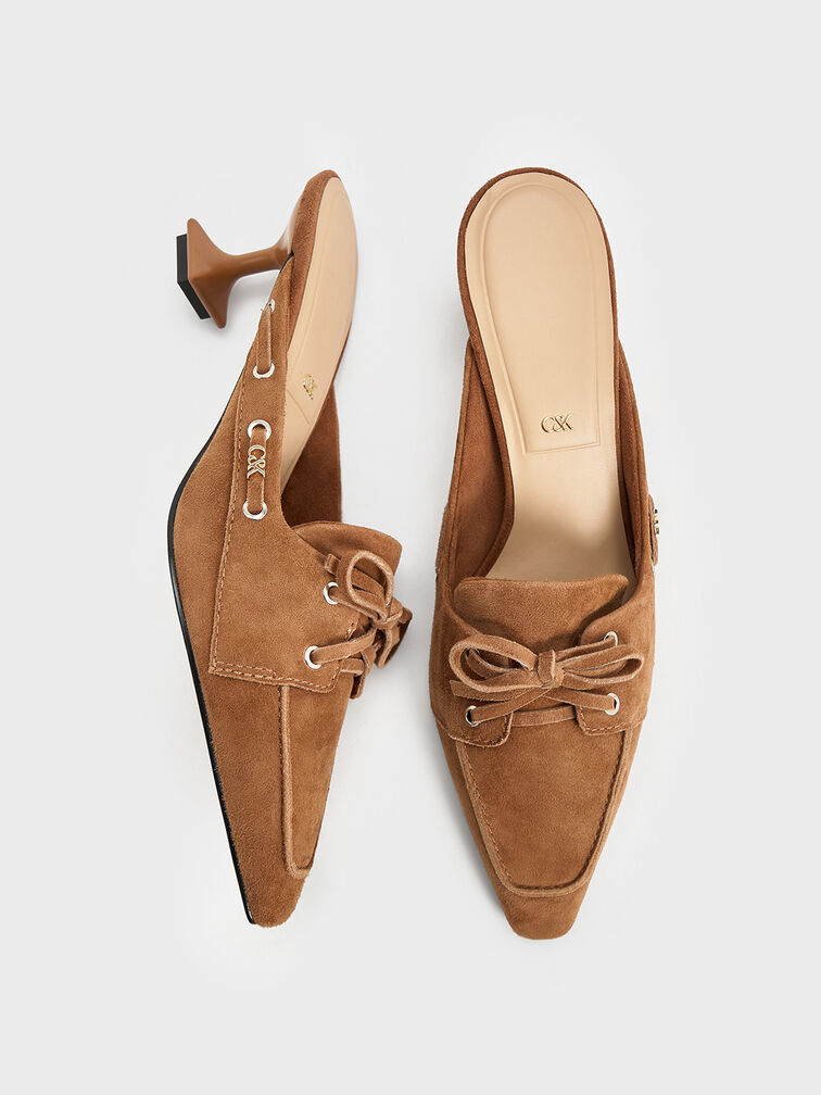 Kori Suede Lace-Up Sculptural-Heel Mules, Cognac, hi-res