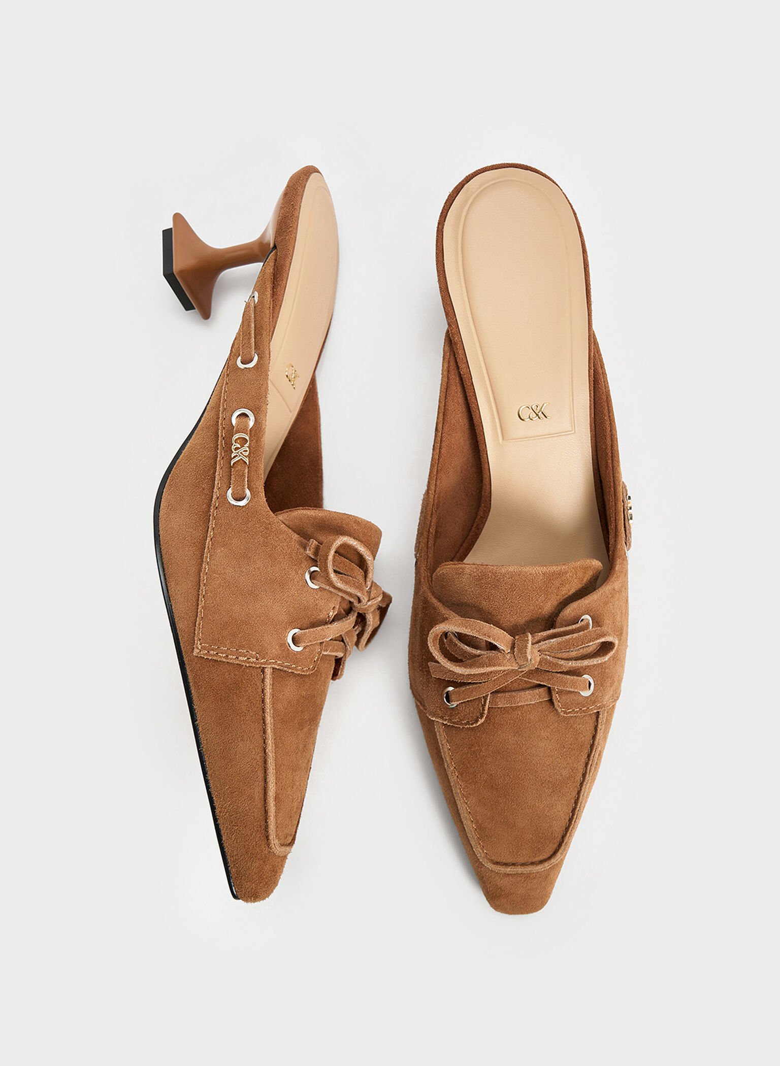 Kori Suede Lace-Up Sculptural-Heel Mules, Cognac, hi-res