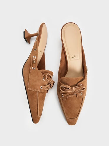 Kori Suede Lace-Up Sculptural-Heel Mules, Cognac, hi-res