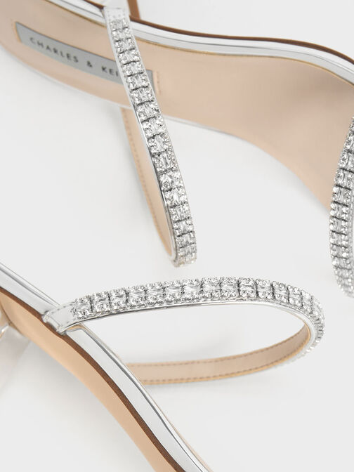 Ambrosia Metallic Gem-Embellished Mules, Silver, hi-res
