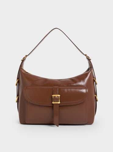 Bryna Belted Hobo Bag, Dark Brown, hi-res