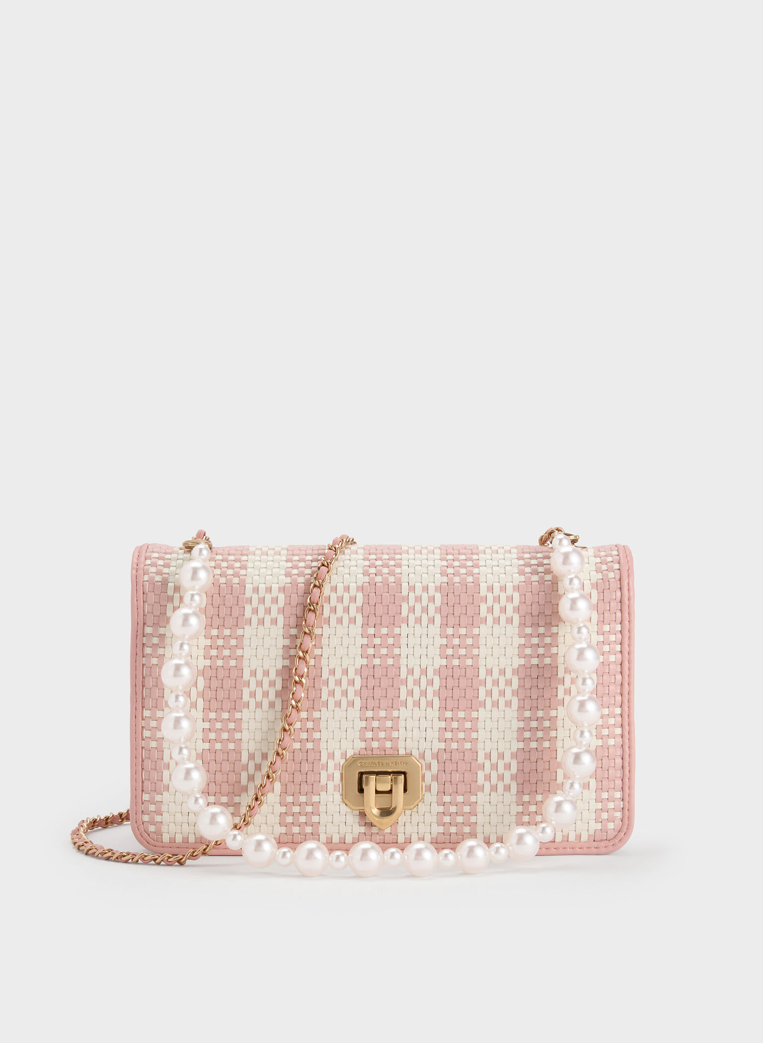 Alessia Checkered Pearl-Embellished Wallet on Chain, Light Pink, hi-res