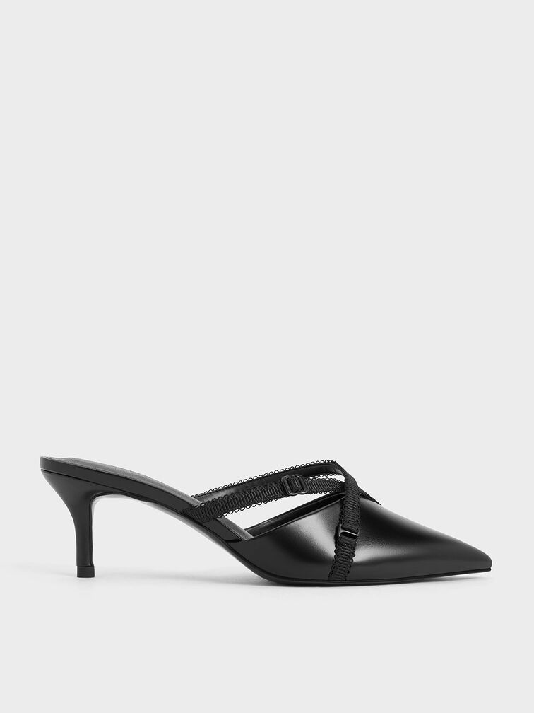 Grosgrain-Strap Pointed-Toe Mules, Black, hi-res