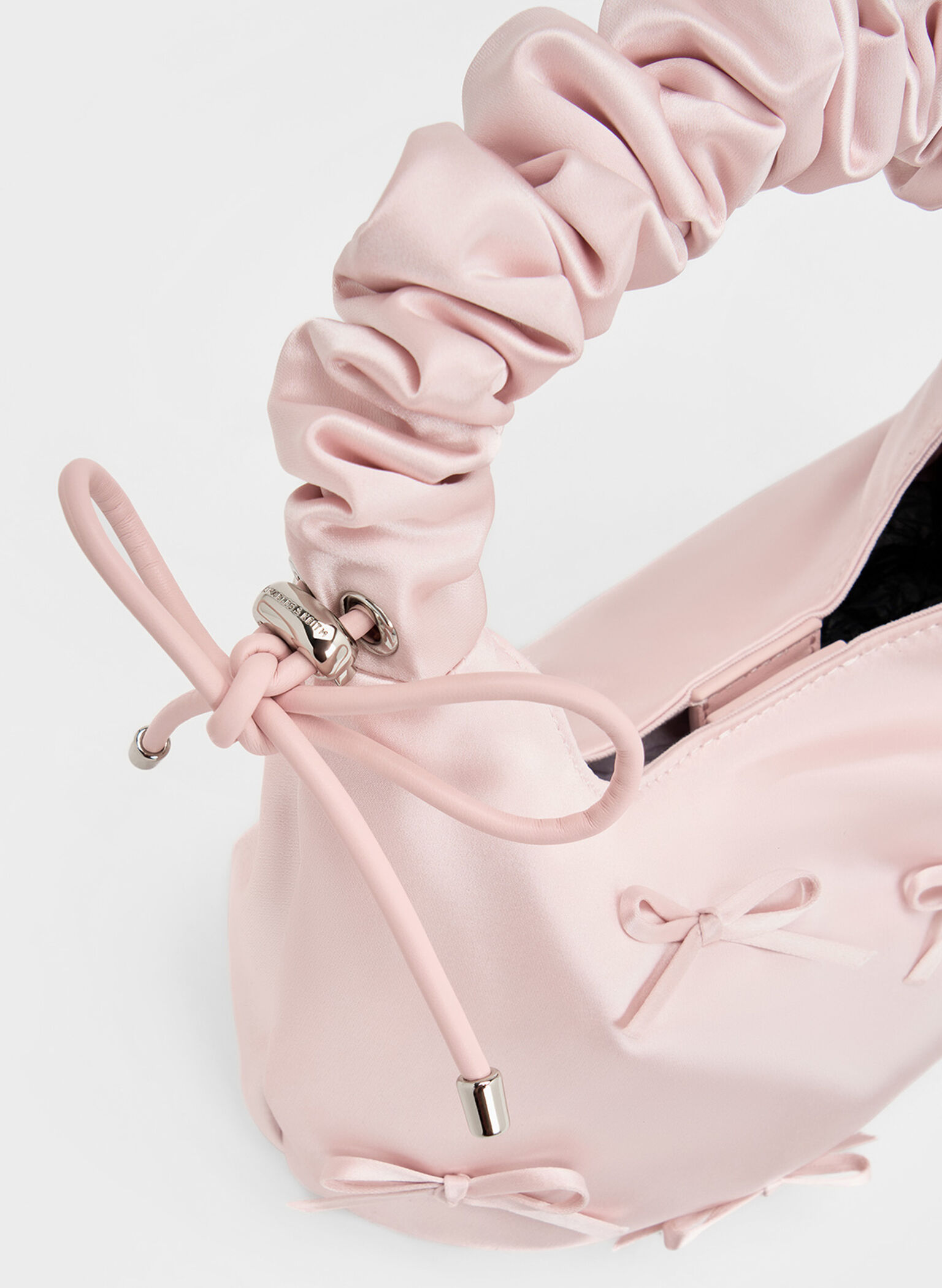 Satin Bow Ruched-Handle Bag, Baby Pink, hi-res