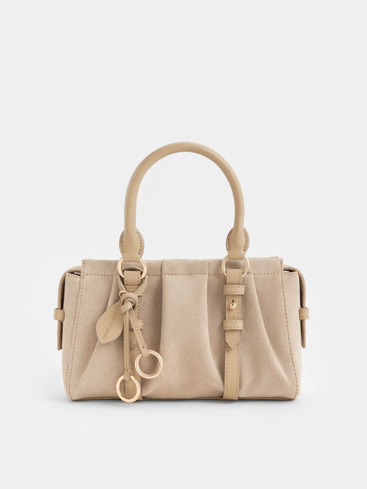 Britton Recycled Suede Ruched Top Handle Tote Bag, Nutmeg Beige, hi-res