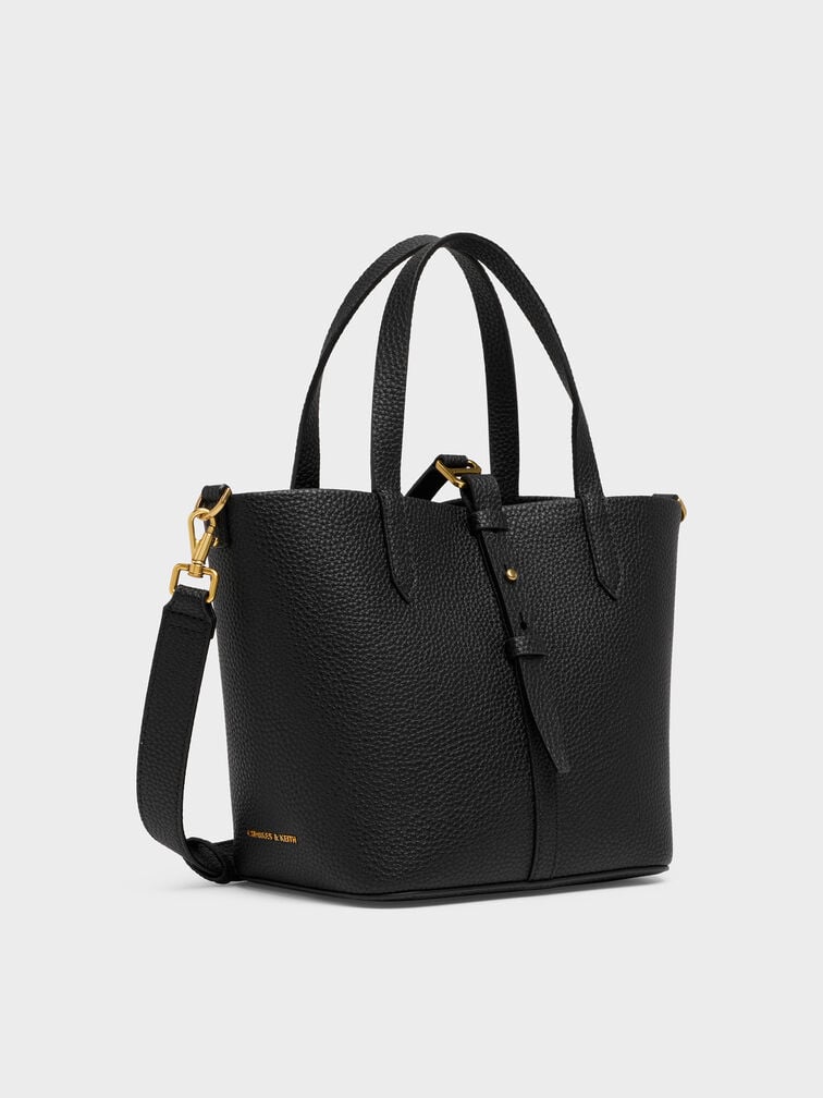 Beryl Recycled Leather Double-Handle Belted Bucket Bag, Black, hi-res