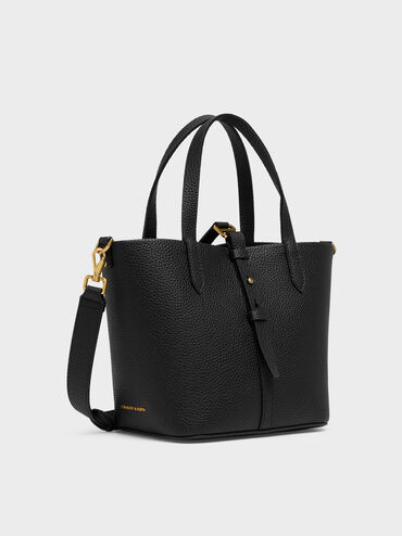 Beryl Recycled Leather Double-Handle Belted Bucket Bag, Black, hi-res