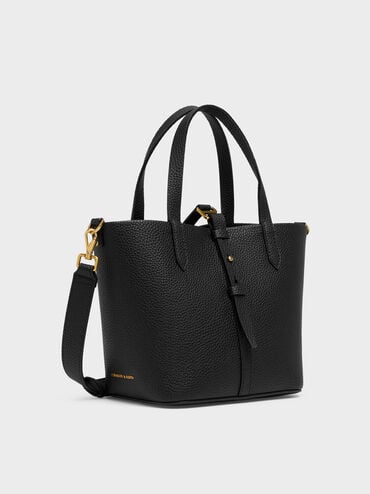 Beryl Recycled Leather Double-Handle Belted Bucket Bag, Black, hi-res
