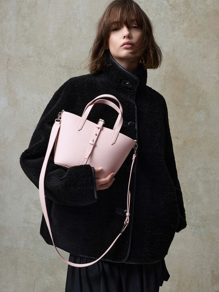 Beryl Recycled Leather Double-Handle Belted Bucket Bag, Cotton Candy Pink, hi-res