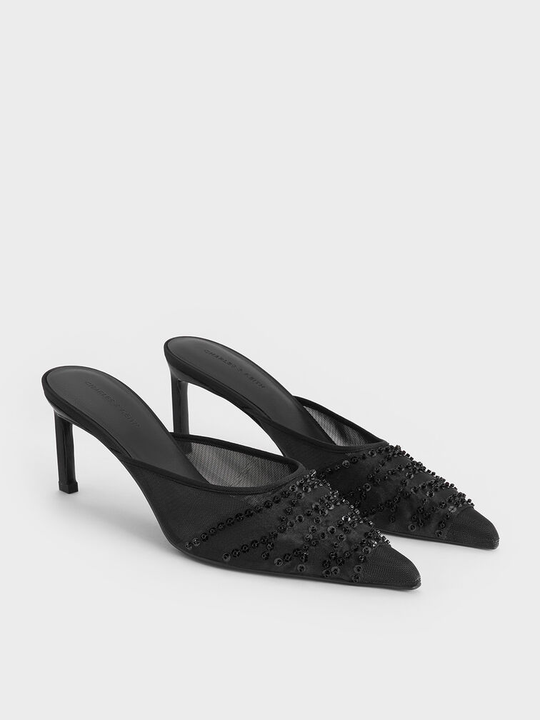 Mesh Sequinned Heeled Mules, Black Textured, hi-res