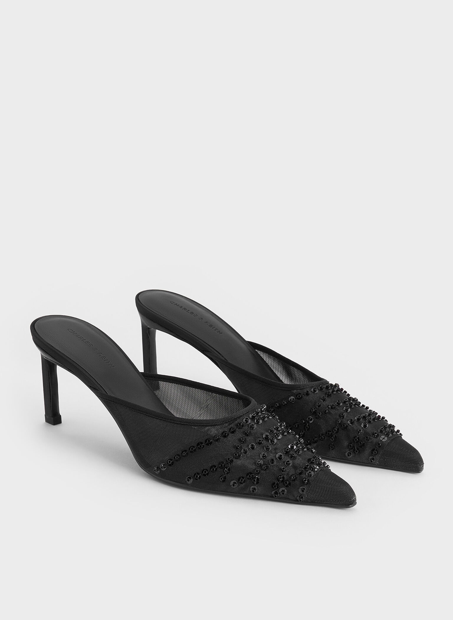 Mesh Sequinned Heeled Mules, Black Textured, hi-res
