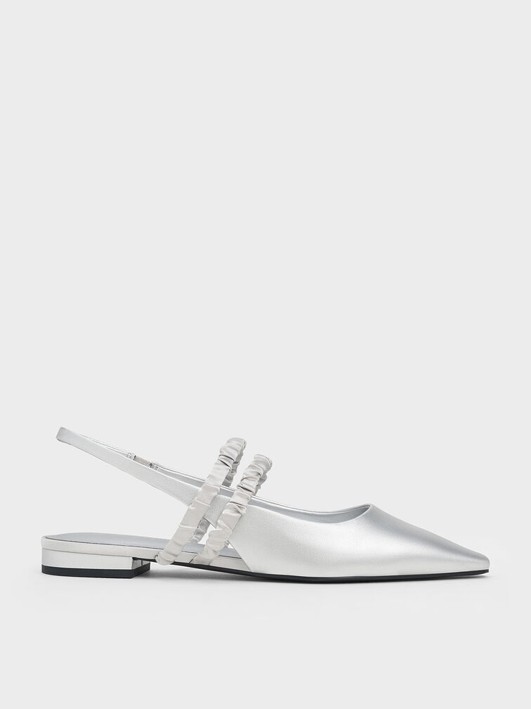 Recycled Polyester Ruched-Strap Mary Janes, Silver, hi-res