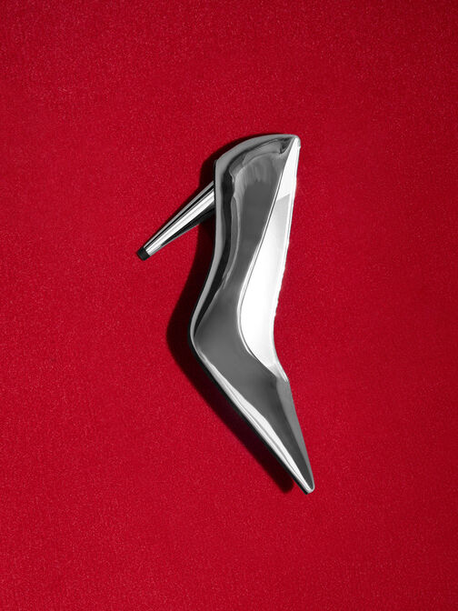 Metallic Cone-Heel Pointed-Toe Pumps, Silver, hi-res
