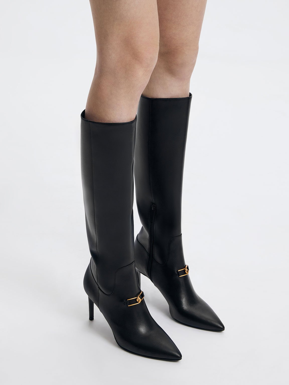 Gabine Leather Heeled Knee High Boots Black