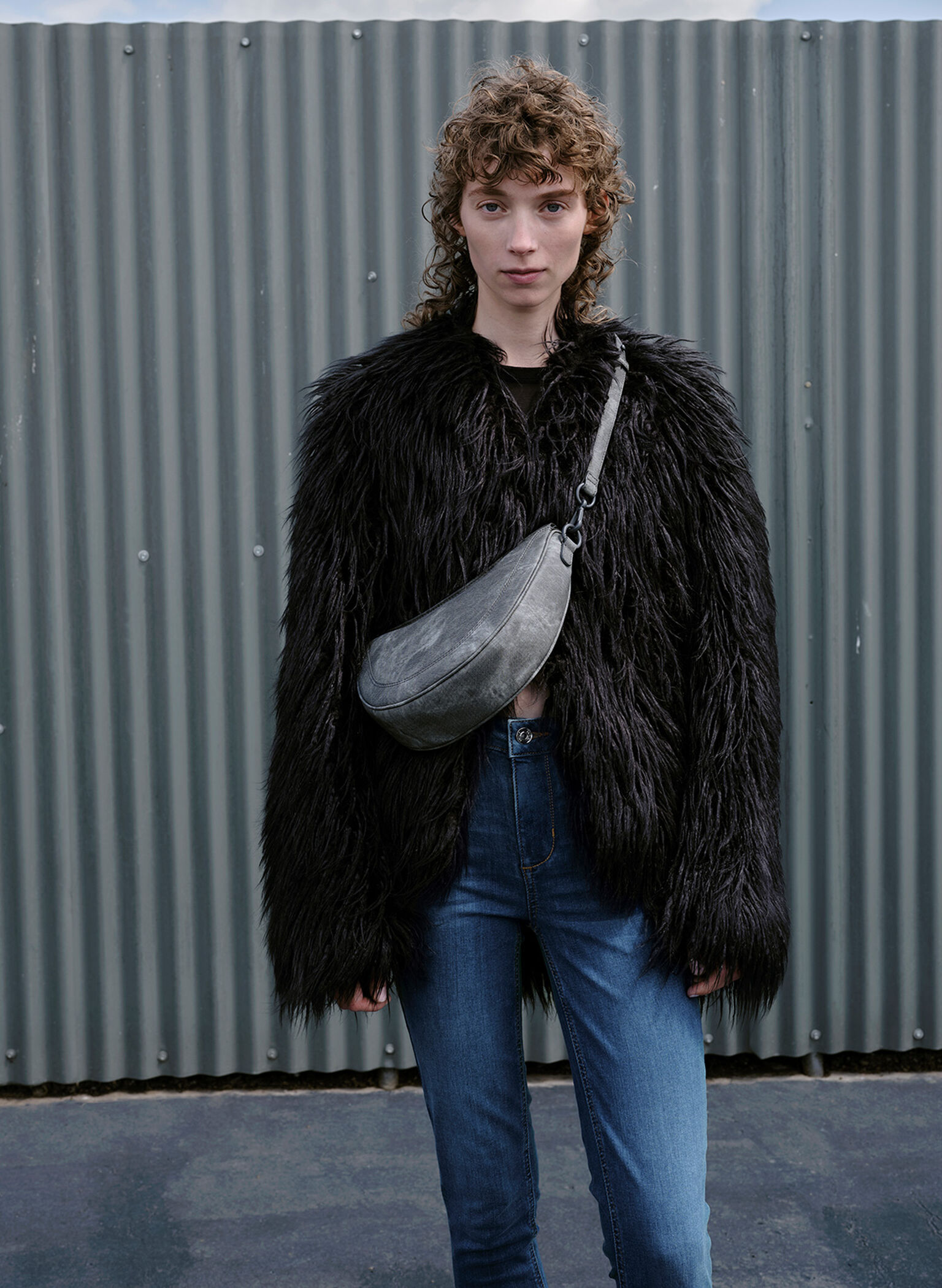 Denim Asymmetrical Saddle Bag, Dark Grey, hi-res
