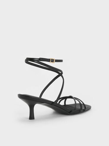 Strappy Square-Toe Kitten-Heel Sandals, Black, hi-res