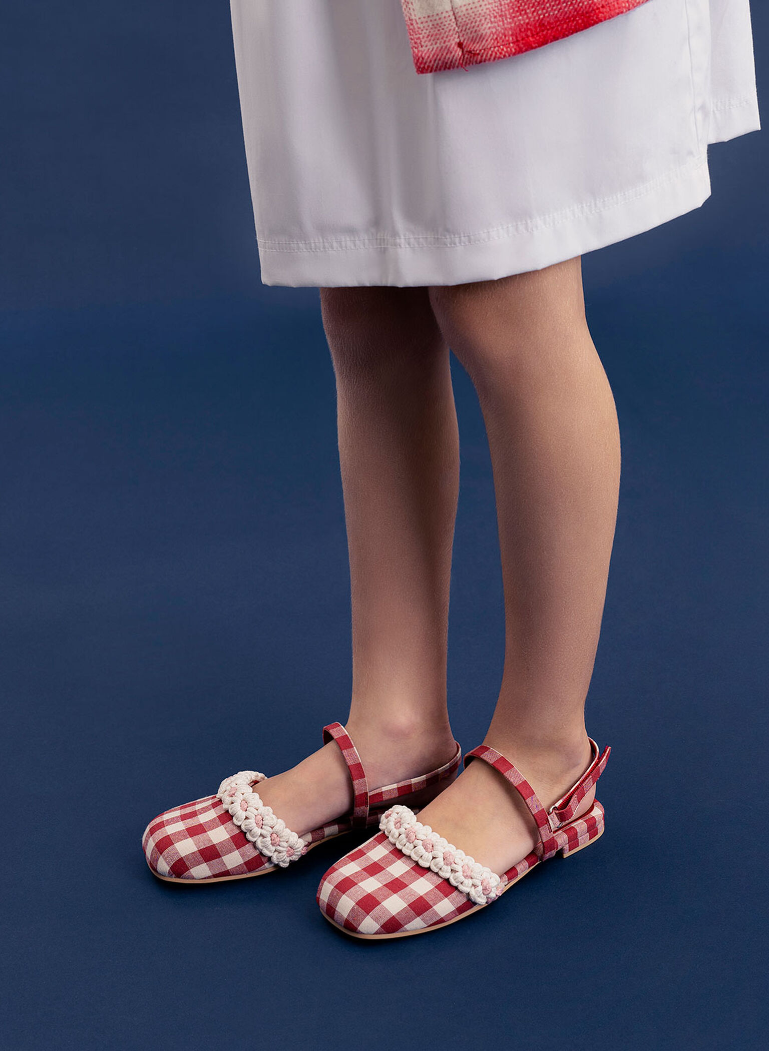 Girls' Floral Crochet Checkered Slingback Flats, Red, hi-res