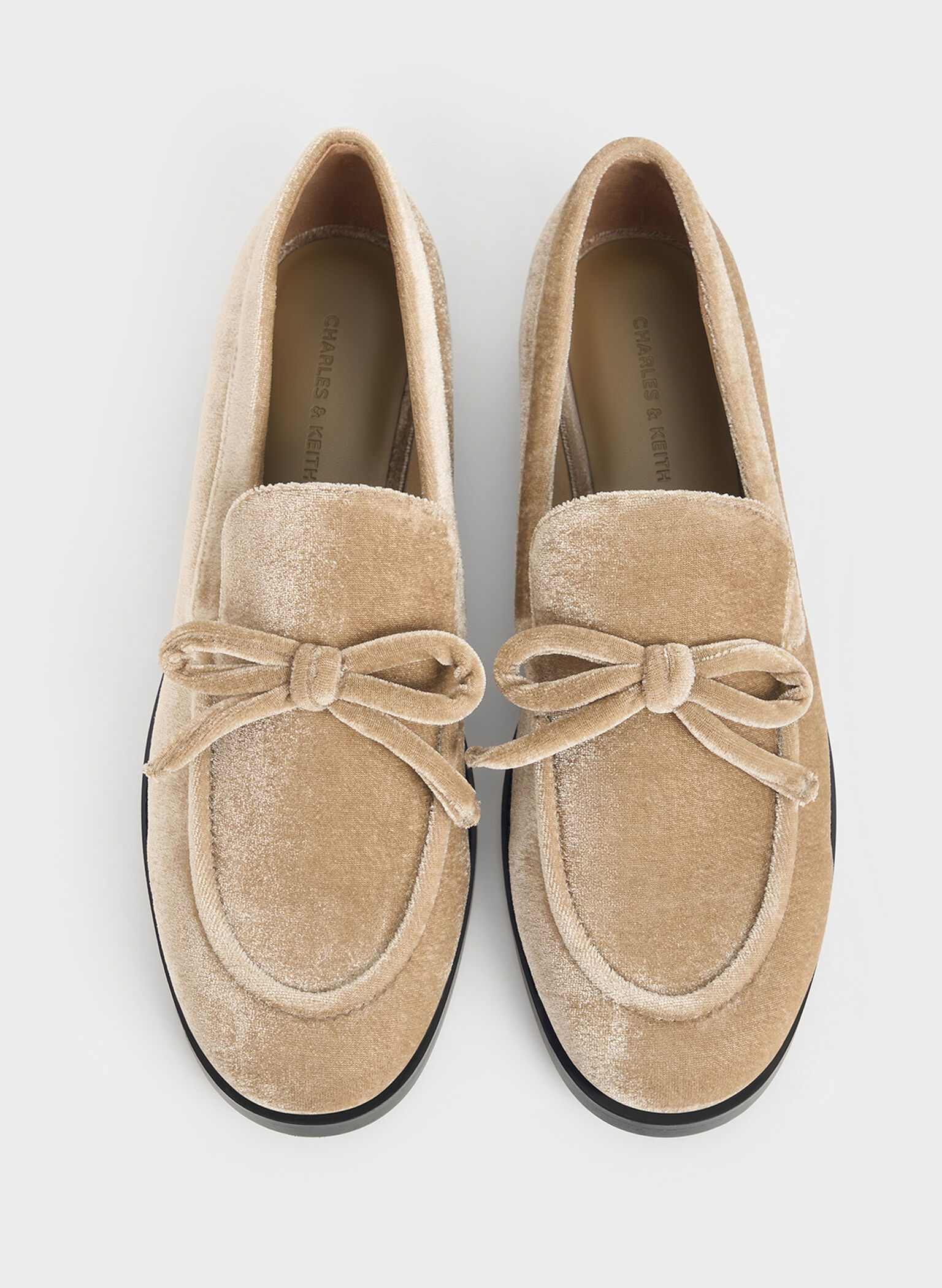 Velvet Bow Loafers, Beige, hi-res