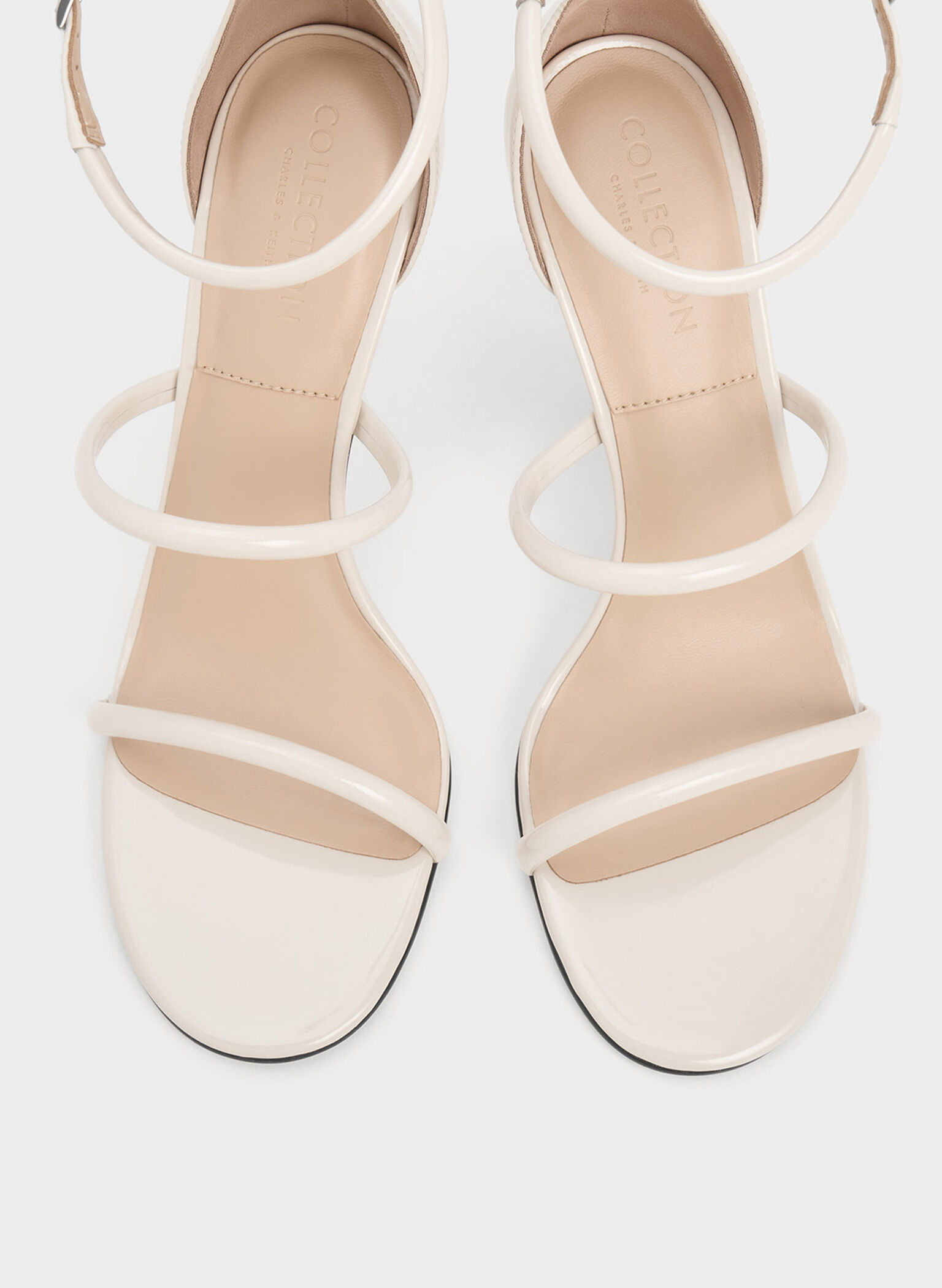 Patent Leather Triple Strap Heeled Sandals, Chalk, hi-res
