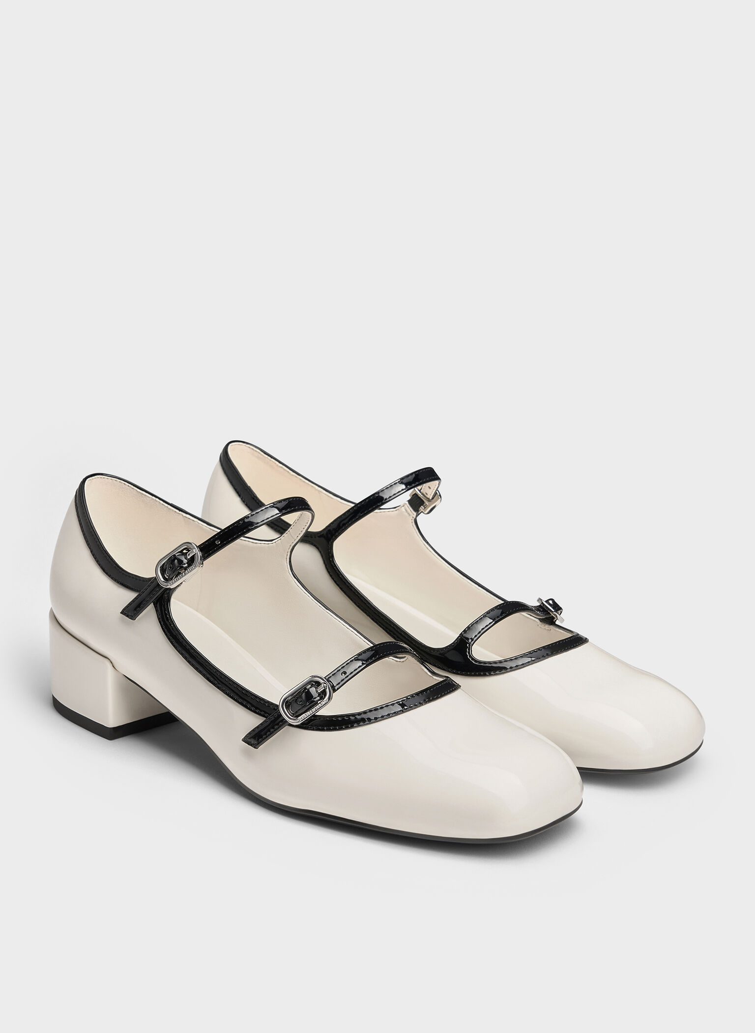 Patent Contrast-Trim Double-Strap Mary Jane Pumps, White, hi-res