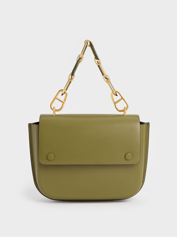Amber Chain Handle Push-Lock Handbag, Avocado, hi-res