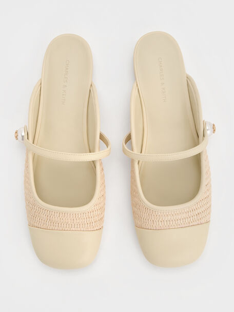 Aeryn Raffia Pearl-Embellished Slip-On Mary Janes, Cream, hi-res