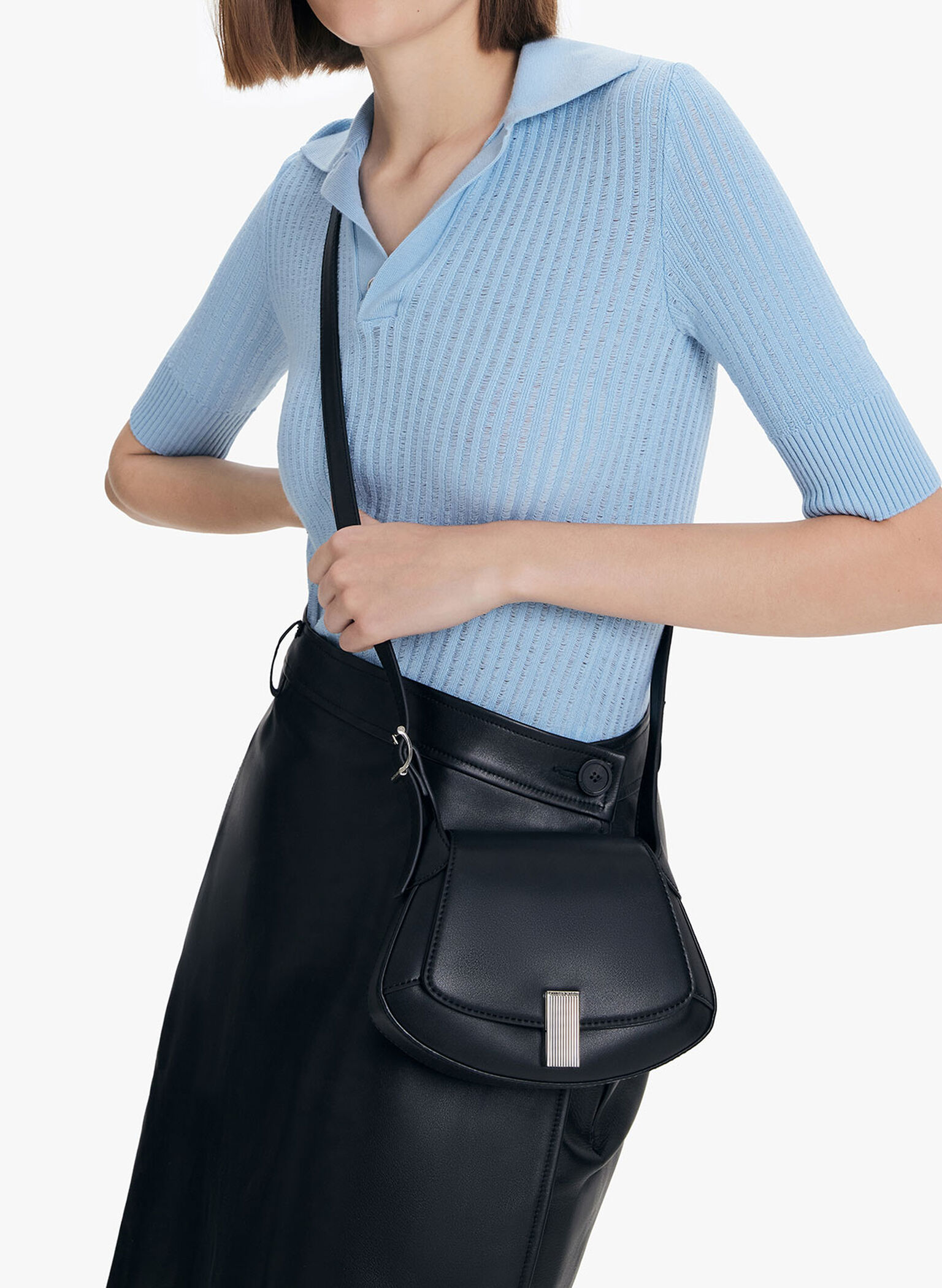 Metallic-Accent Curved Top Handle Bag, Black, hi-res