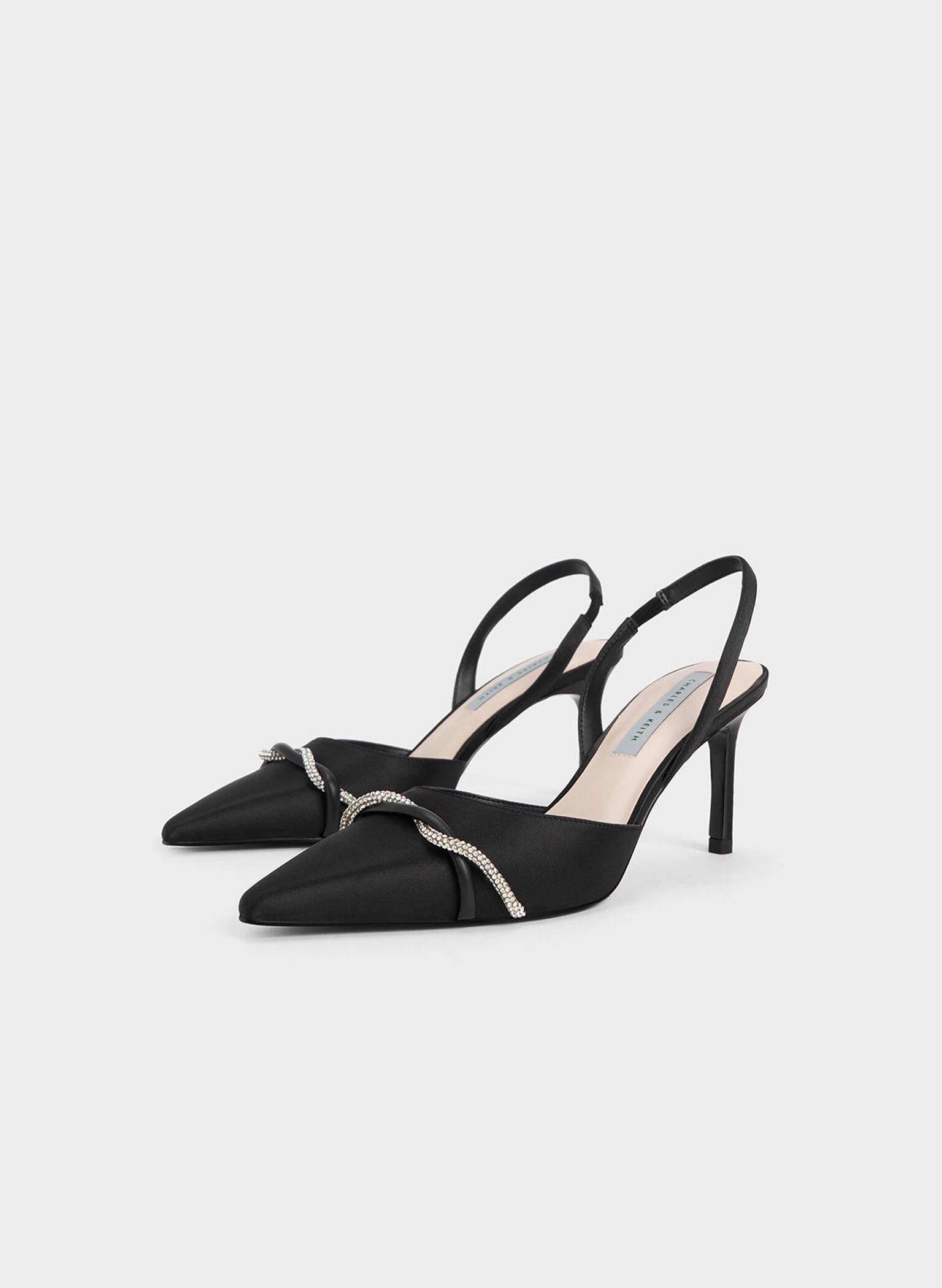 Twist Detail Satin Slingback Pumps, Black, hi-res