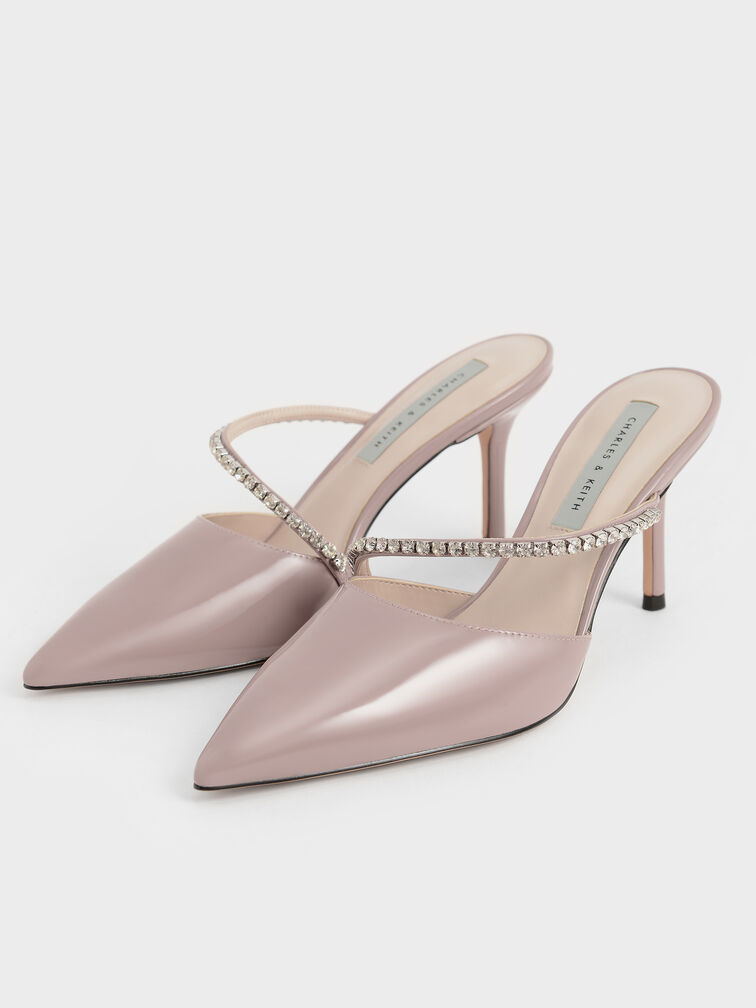 Taupe Gem-Encrusted Patent Mules - CHARLES & KEITH UK