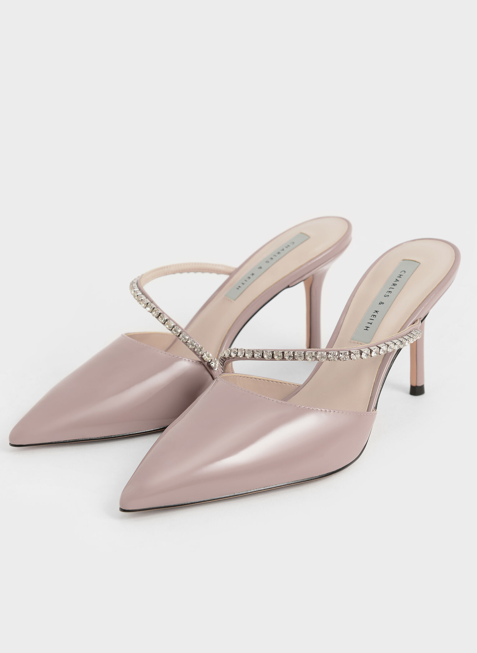 Gem-Encrusted Patent Mules, Taupe, hi-res