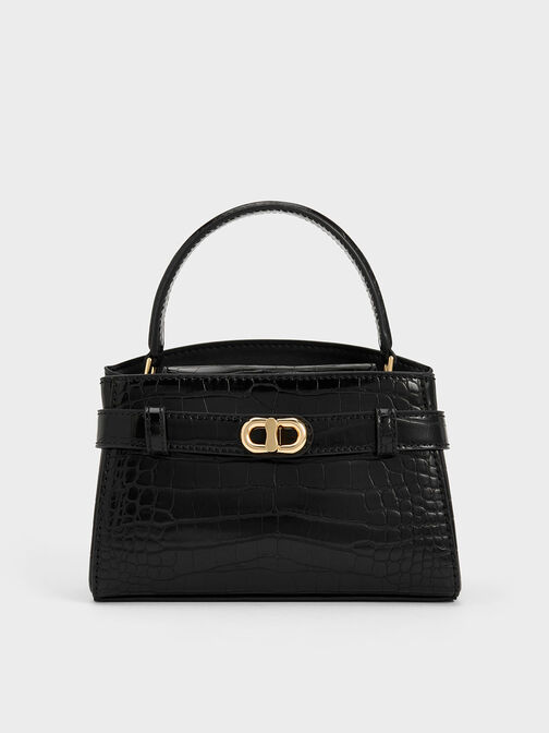 Aubrielle Croc-Effect Top Handle Bag, Black, hi-res