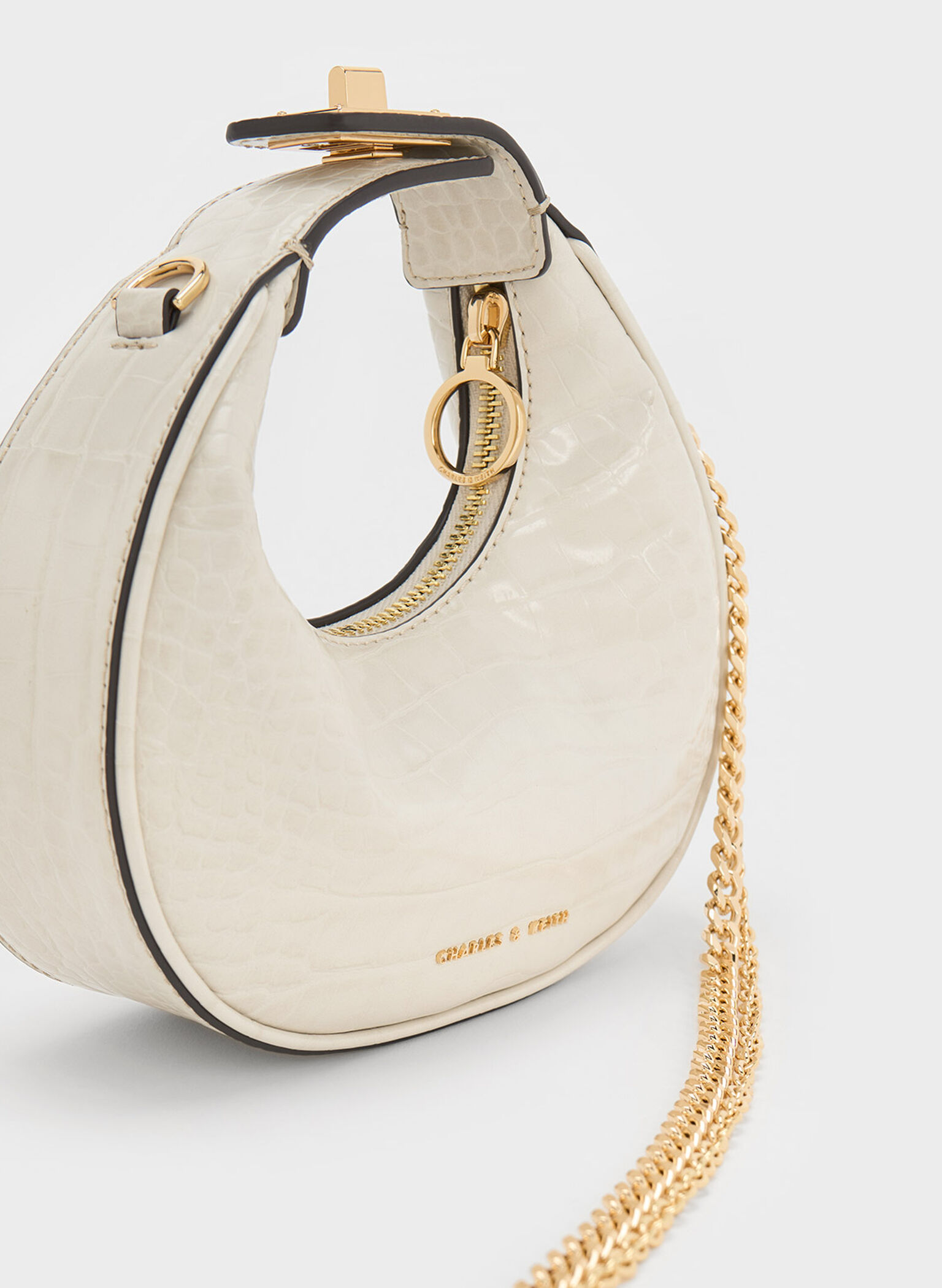 Mini Croc-Effect Moon Bag, Ivory, hi-res