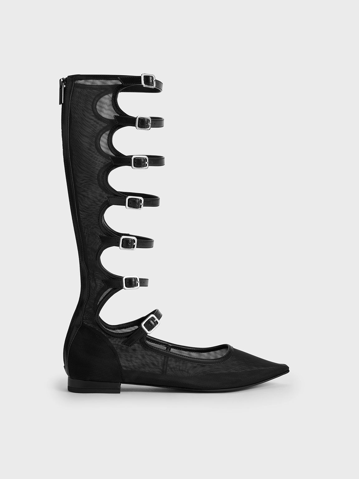Black Textured Lyric Mesh Gladiator Pointed Toe Flats CHARLES KEITH UK