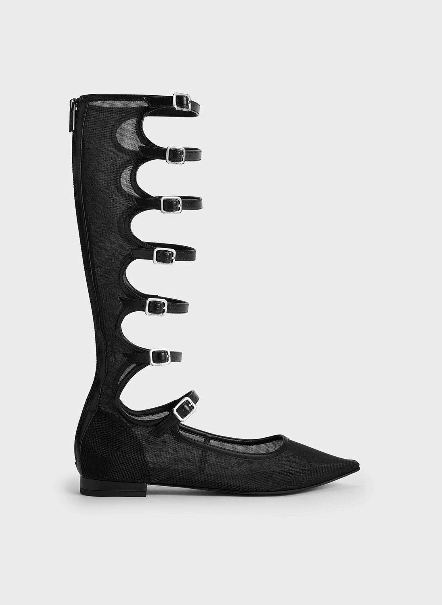 Lyric Mesh Gladiator Pointed-Toe Flats, Black Textured, hi-res