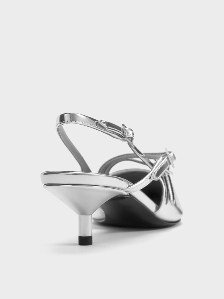 Metallic Buckle-Strap Kitten Heel Slingback Pumps, Silver, hi-res
