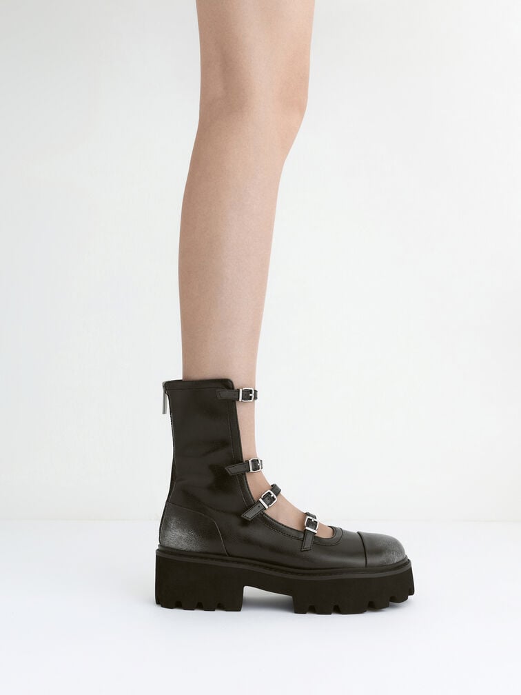 Celia Burnished Buckled Multi-Strap Chunky Calf Boots, Multi, hi-res