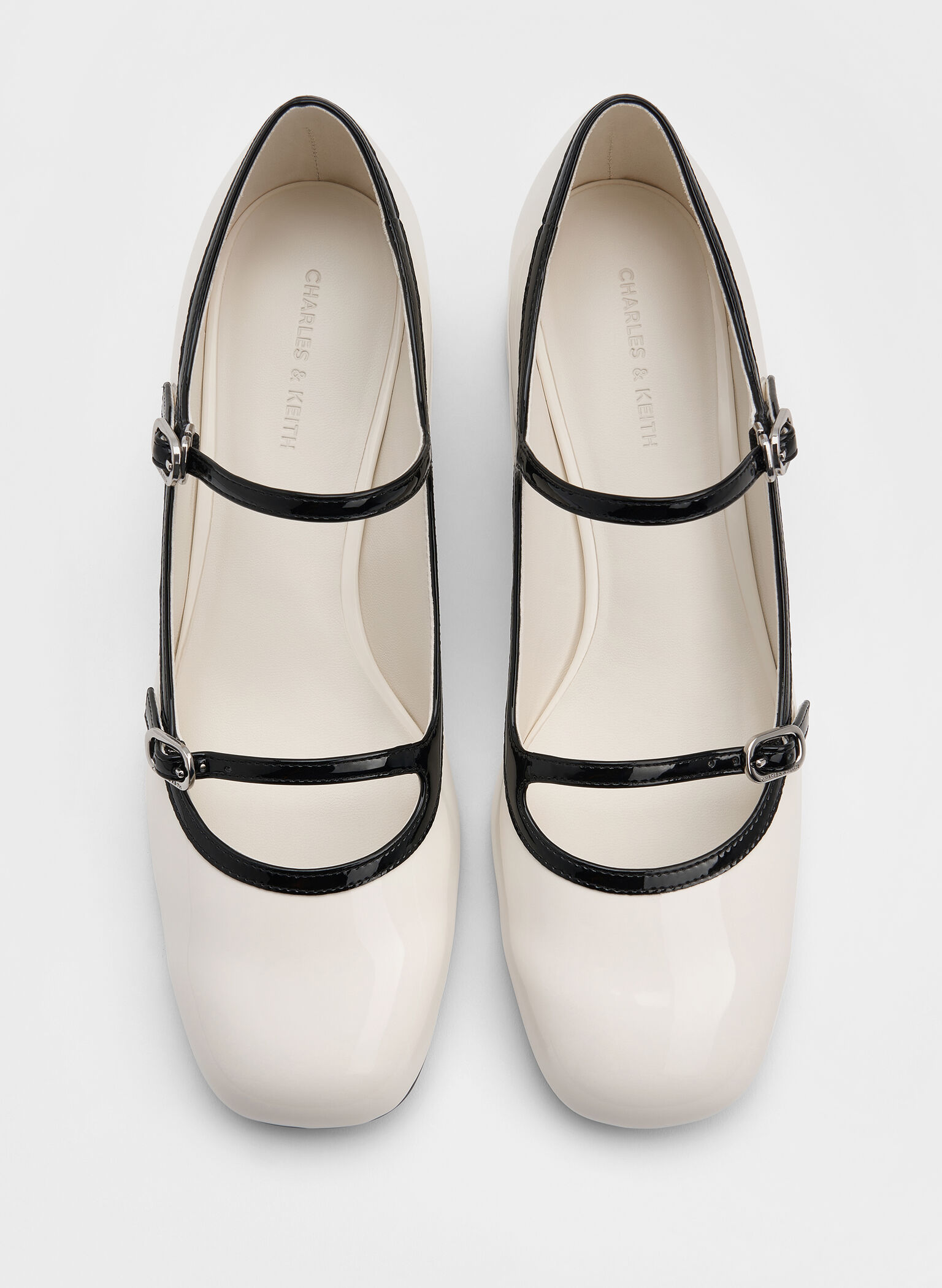 Patent Contrast-Trim Double-Strap Mary Jane Pumps, White, hi-res