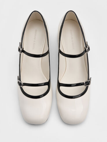 Patent Contrast-Trim Double-Strap Mary Jane Pumps, White, hi-res