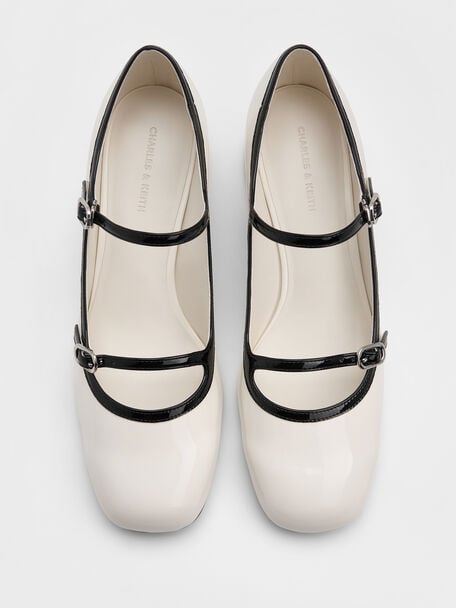 Patent Contrast-Trim Double-Strap Mary Jane Pumps, White, hi-res