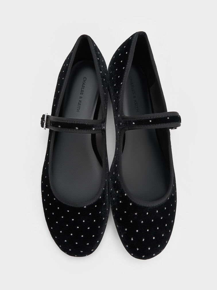 Carmel Velvet Dotted Buckled Mary Jane Flats, Black Textured, hi-res