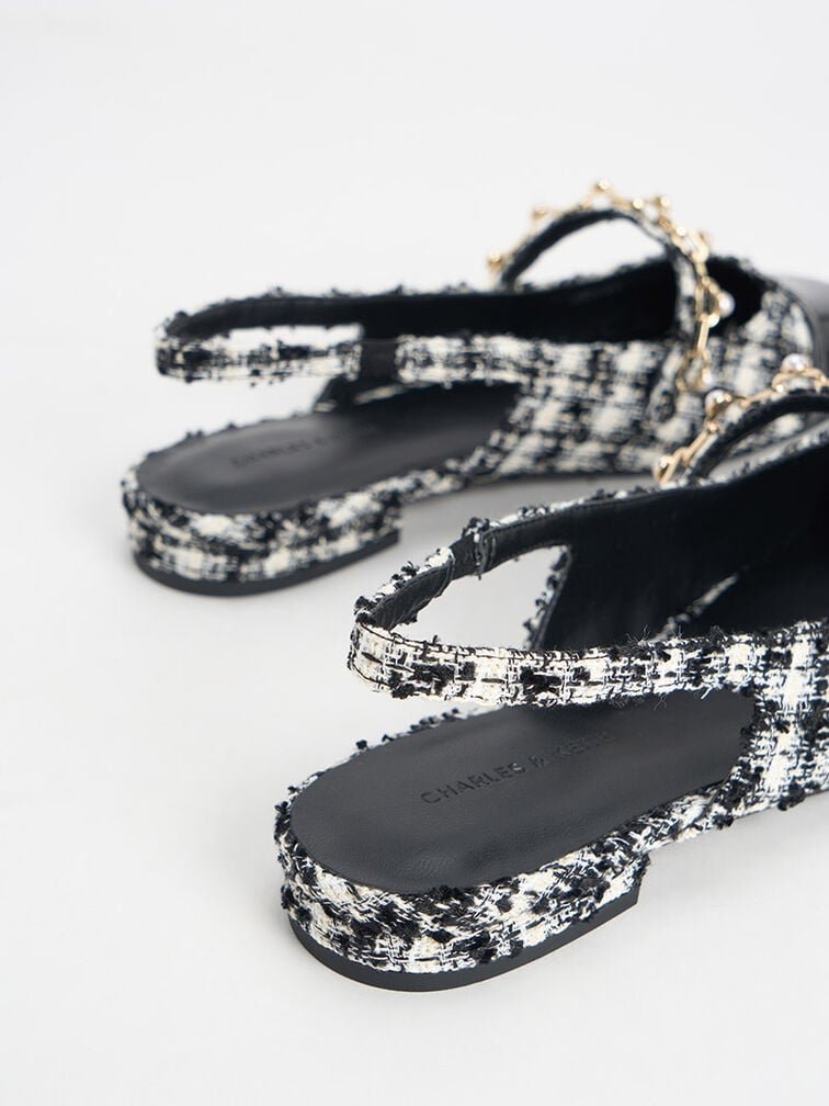 Rio Tweed Beaded Chain-Link Slingback Flats, Black Textured, hi-res