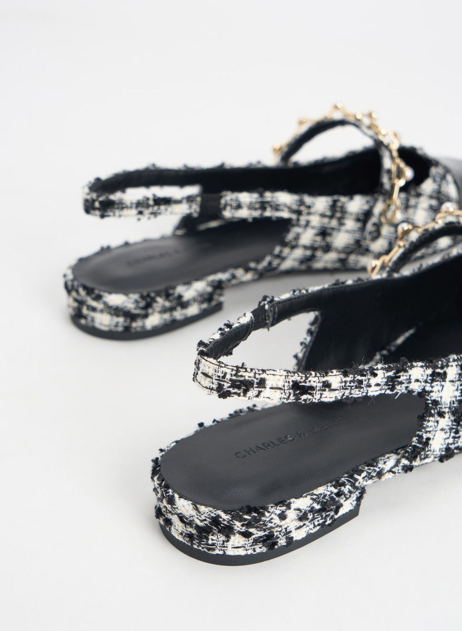 Rio Tweed Beaded Chain-Link Slingback Flats, Black Textured, hi-res