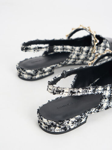 Rio Tweed Beaded Chain-Link Slingback Flats, Black Textured, hi-res