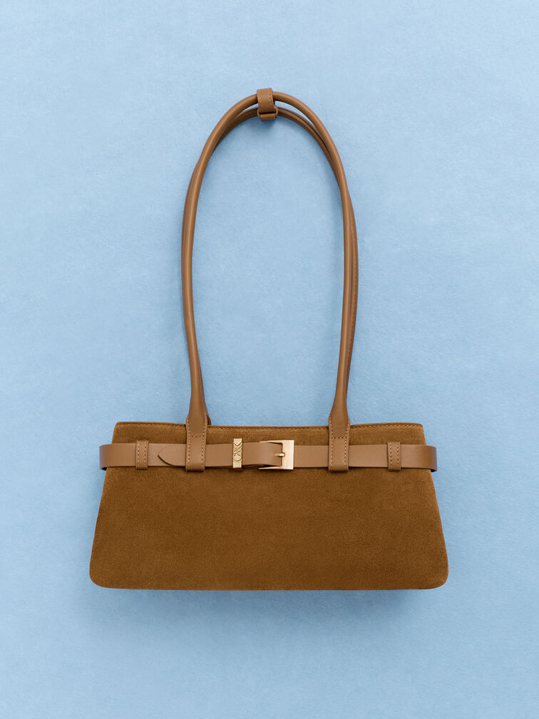 Jody Suede Belted Shoulder Bag, Ember Brown, hi-res