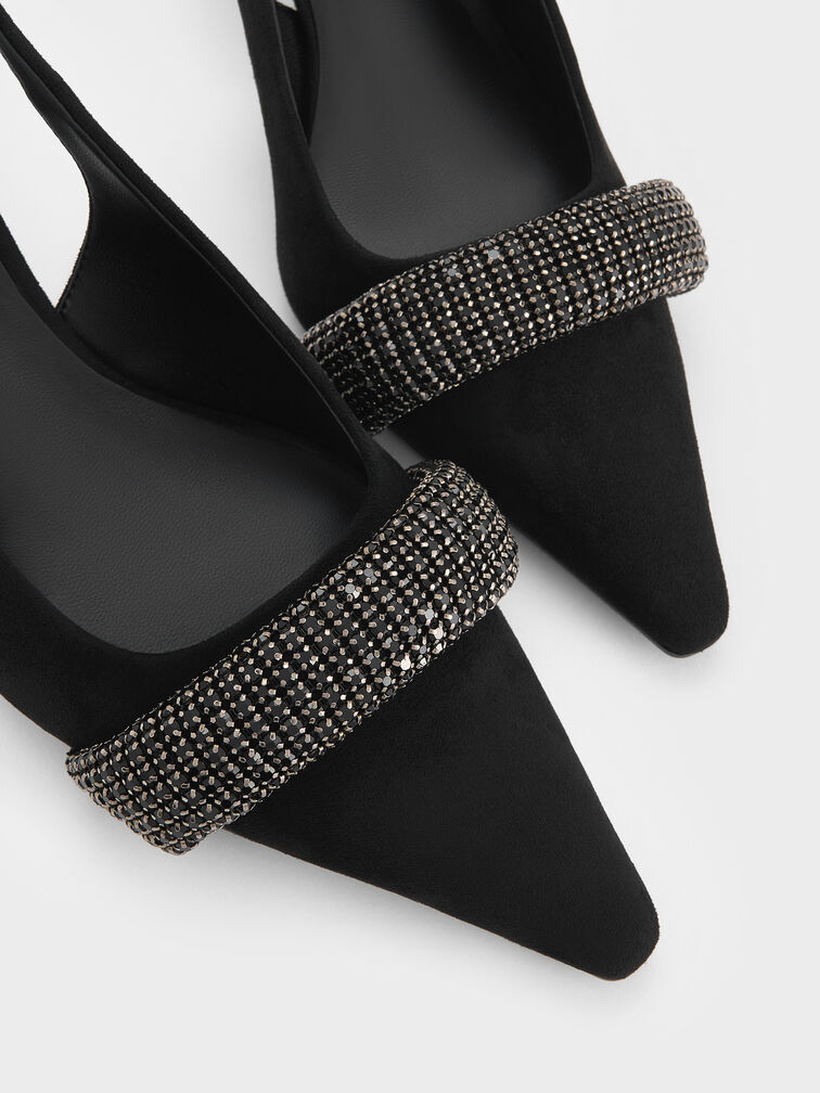 Faux Suede Crystal-Embellished Pointed-Toe Slingback Pumps, Black Textured, hi-res