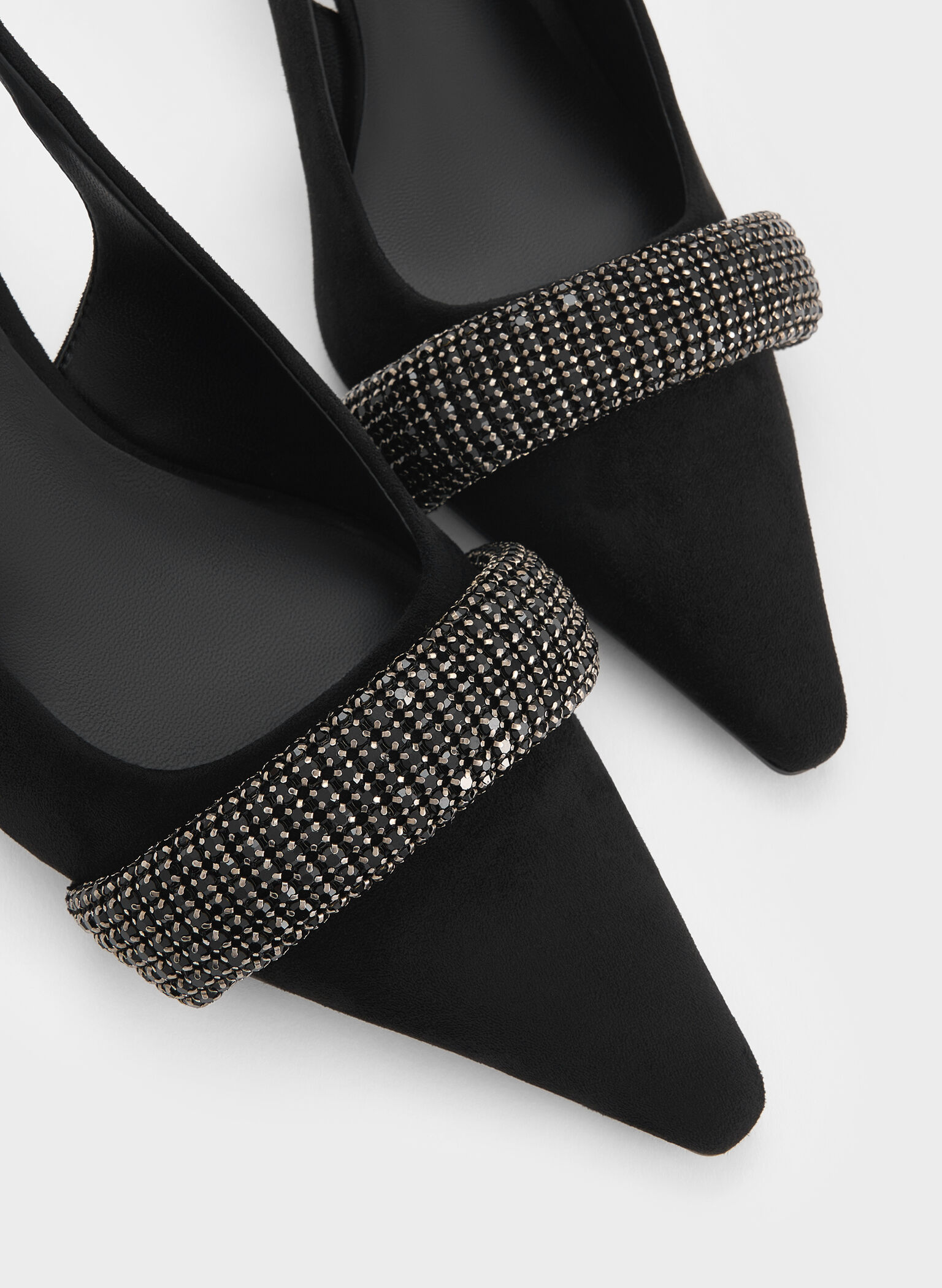Faux Suede Crystal-Embellished Pointed-Toe Slingback Pumps, Black Textured, hi-res