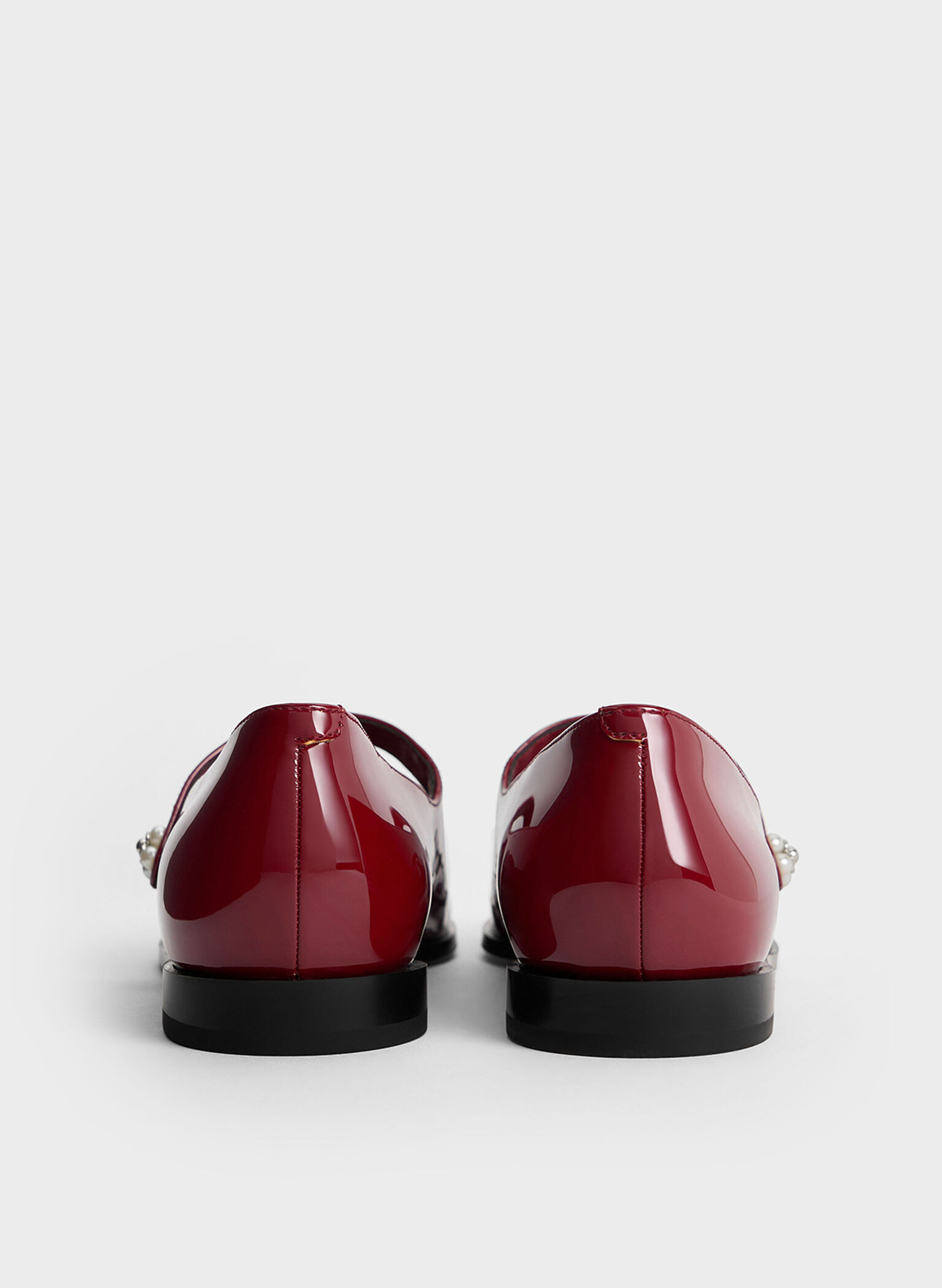 Patent Pearl-Embellished Flower-Buckle Cap-Toe Mary Janes, Maroon, hi-res