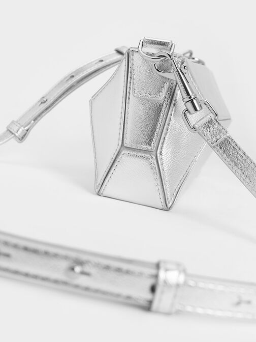 Nasrin Metallic Geometric Chain-Handle Shoulder Bag, Silver, hi-res