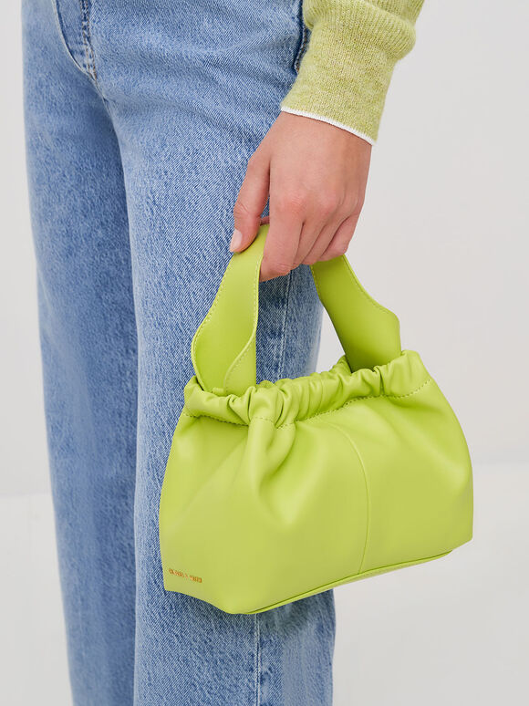 Ruched Slouchy Bucket Bag, Lime, hi-res