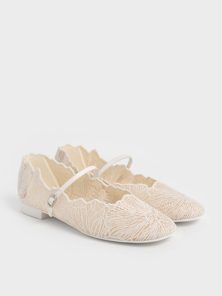 Crochet Floral Mary Jane Flats, White, hi-res